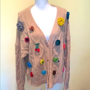 Beige 3D Flower Cardigan Crocheted Accents Preppy Grandmacore Eclectic Unique